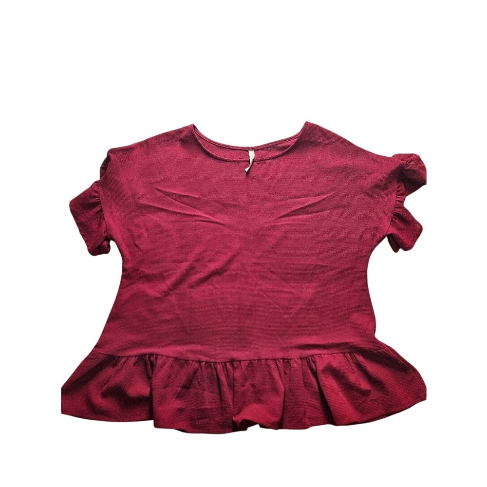 Polly & Esther Burgundy Red Peplum Blouse Short Flutter Sleeve Textured  Large